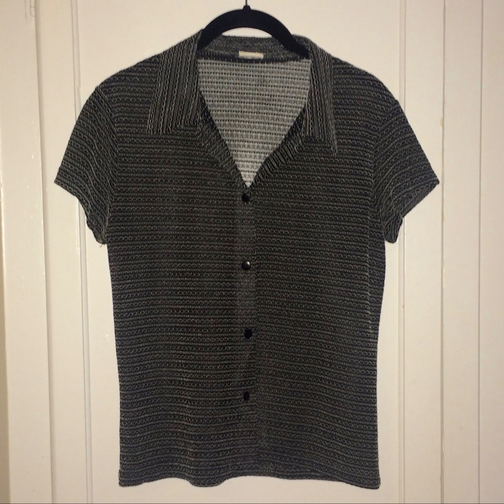 SHEER BLACK GREY BUTTON DOWN SHORT SLEEVE TOP